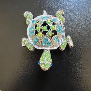 Vintage Turtle Brooch Rhinestone Silver Tone Green Blue Tortoise Figural Pin